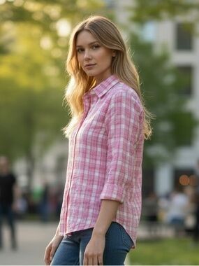 FOXCRAFT FITTED SHIRT PINK & WHITE PLAID CLASSIC BUTTON DOWN LONG SLEEVE SIZE 8